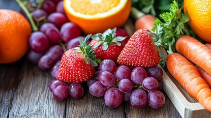 Fresh and organic strawberries and grapes on a wooden table, either at home or at a brunch...