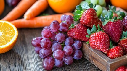 Fresh and organic strawberries and grapes on a wooden table, either at home or at a brunch...