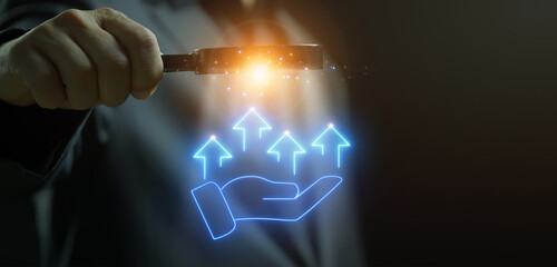 Money, profit, investment, growth business, economy, finance and success concept. Magnifying glass focus on hand icon with arrows pointing up on virtual screen.