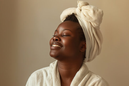 Smiling plus size black woman in bathrobe