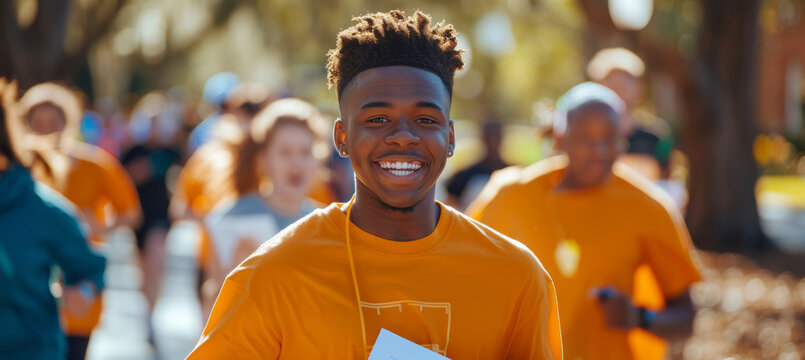 High School Graduate Celebrating College Acceptance at Charity Run in University T-Shirt
