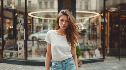 Fashionable Caucasian Woman Modeling a White T-Shirt in Front of a Department Store Glass Showcase