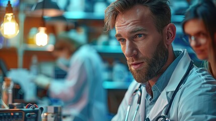 Fototapeta premium Confident scientist working in a lab wearing a white coat, focused on research and medical innovation, with laboratory equipment in the background.