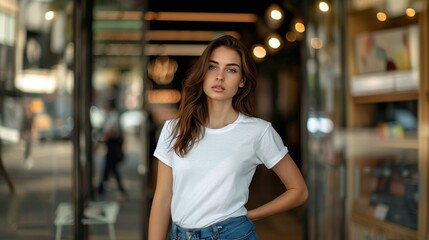 Fashionable Caucasian Woman Modeling a White T-Shirt in Front of a Department Store Glass Showcase