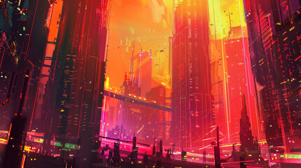 Obraz premium High-Tech Dystopian Cityscape with Neon Lights and Bustling Streets