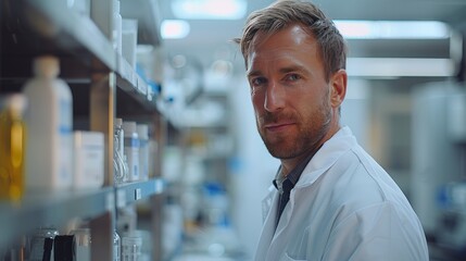 Fototapeta premium Male scientist in a white lab coat standing in a modern laboratory, surrounded by scientific equipment and chemicals, looking at the camera.