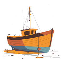 Shipshape wooden boat docked sandy shore peaceful sunset maritime scene orange blue vessel row, artwork captures tranquil maritime essence, visual art harbored heart coastal life. Sandy beach vivid