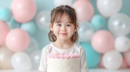 Happy little girl smiling with balloons in the background.