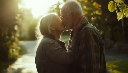 Fototapeta premium Elderly Couple Sharing a Loving Kiss Outdoors