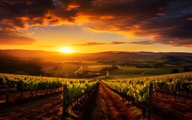 Fototapeta premium Golden Sunset Casting Warm Light Over Green Vineyards