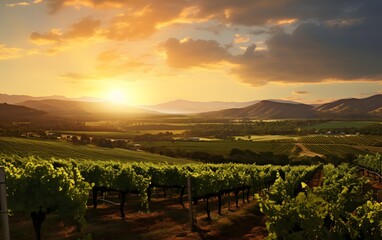 Sunset Over Vineyards with Rolling Hills
