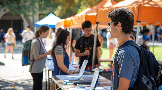 Lively Campus Club Fair: Freshmen Students Exploring Booths and Signing Up for Activities