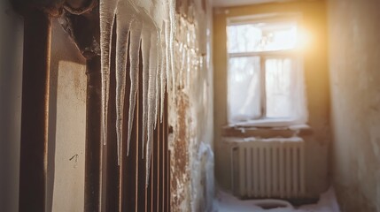 Frozen Indoor Pipes in Winter with Ice Formations