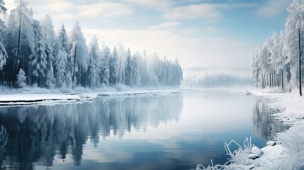Fototapeta premium Frozen lake surrounded by snow-capped trees in a winter wonderland