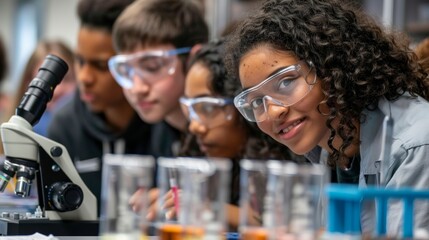 Engaged Freshman Students Conducting Science Experiment in Modern Laboratory