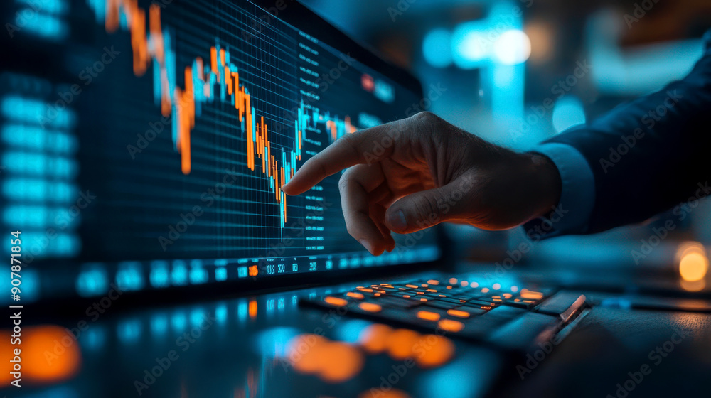 Poster a professional examining financial data on a computer screen with graphs and statistics in a modern 