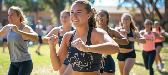 Enthusiastic Freshmen Students in Outdoor Campus Fitness Class Embracing Teamwork and Exercise