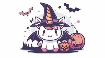 A unicorn with a witch hat, pumpkins, and bats in the background.