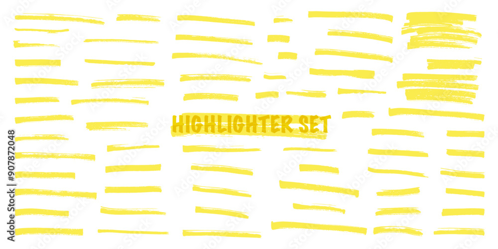 Poster yellow highlight marker lines isolated on white background. various marker pen strokes with differen