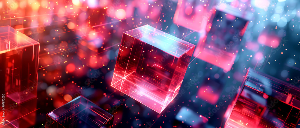 Poster abstract composition of glowing cubes in vibrant colors, creating a dynamic and futuristic atmospher