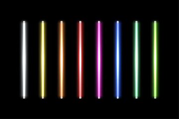 Neon led light tubes set on gray background. Fluorescent glowing white, yellow, orange, red, pink, blue, green, lime led lamps vector illustration. Realistic 3d color laser vertical lights set.
