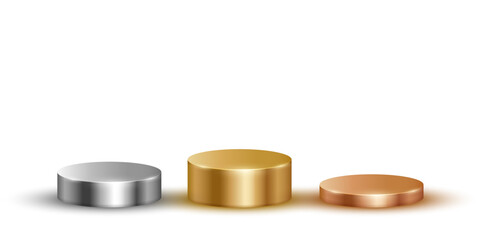 Gold, silver, bronze podiums for awards or product display vector illustration set. Empty 3d metal stages on white background. Luxury elegant platforms for winners ceremony, champions pedestals.
