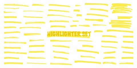 Yellow highlight marker lines isolated on white background. Various marker pen strokes with different length and thickness hand drawn set. Realistic vector graphic modern design elements.