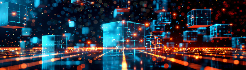 Obraz premium Futuristic digital landscape with illuminated cubes and glowing lines, depicting technology and innovation in a vibrant cityscape.