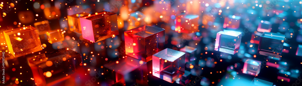 Poster Vibrant abstract cubes illuminated with colorful lights, creating a captivating visual experience in a dynamic digital environment.