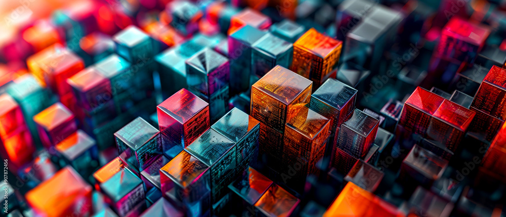 Poster vibrant abstract depiction of colorful cubes, creating a mesmerizing 3d visual effect with depth and