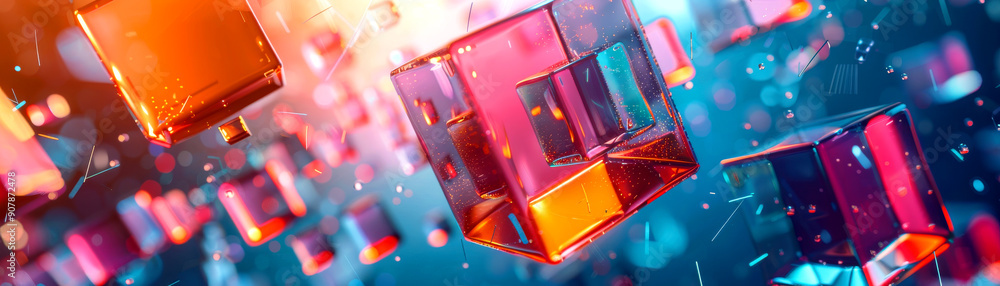 Poster vibrant cubes floating in a colorful digital space, creating a dynamic and mesmerizing abstract back