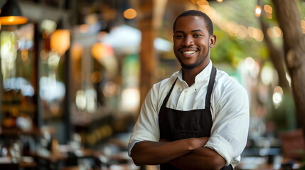 The man stands proudly in his uniform with the restaurant in the background. Pictures of a happy African-American man working at an upscale restaurant