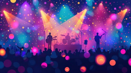 A nostalgic 90s concert scene, crowd of fans, and colorful lights, Vintage, Illustration