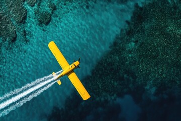 Fototapeta premium Yellow Seaplane Flying Over Turquoise Water and Coral Reefs