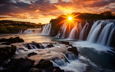 Stunning Waterfall with Sunlight Breaking Through Clouds