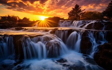 Waterfall at Sunset with Glowing Sunlight and Mist