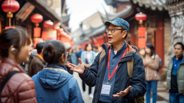 A dedicated Chinese tour guide leading a group through historical landmarks