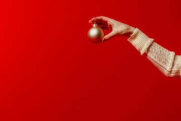 A hand in a white sweater holds a gold Christmas ornament against a vibrant red background.