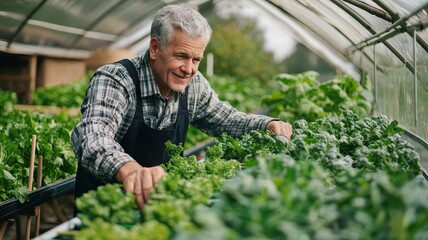Elderly farmer tending hydroponic vegetables inside a glass greenhouse, adaptation to unpredictable weather, agricultural innovation for climate resilience