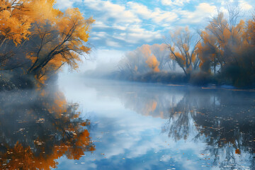 Fototapeta premium Autumn Foggy River Landscape Photography