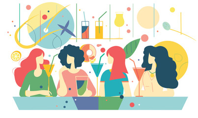 Fototapeta premium Four women enjoying drinks social gathering, colorful abstract background, different types beverages, various fruits. Diverse ethnicity women, casual clothing, young adults chatting relaxing, happy