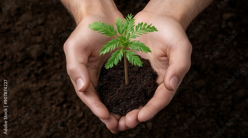 Poster hands cradling a small tree sapling soil visible in background more clarity with clear light and sha