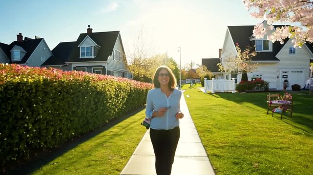 Walking Through a Sunny Suburban Neighborhood on a Spring Day Generative AI