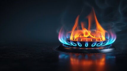 Igniting kitchen gas burner of home gas stove in a dark close up. Switch fire lights. Ignites and burns with blue flame. Turning on and off. Household cooker. Energy crisis and rising prices.