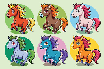 Fototapeta premium Six Cartoon Horses in Different Colors With Circular Backgrounds