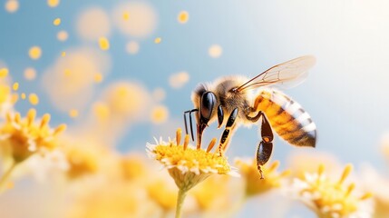 Close-up of a honeybee collecting nectar from vibrant wildflowers, macro photography, bee, nature's pollination