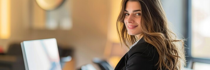 Fototapeta premium Pregnant businesswoman in black blazer works confidently on computer at office desk