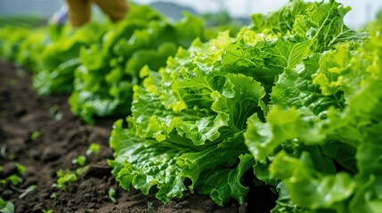 Fresh green lettuce growing in a vibrant farm landscape, showcasing healthy and organic produce in a sunny environment.