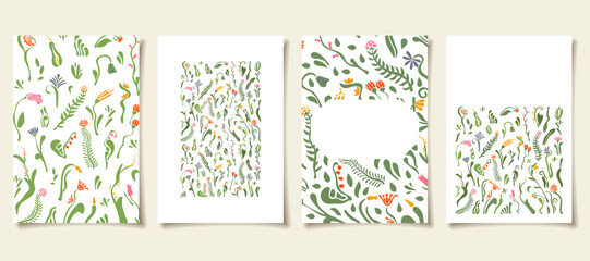 Set of cute botanical fancy postcards, invitation templates, light floral natural backgrounds, vertical poster, isolated
