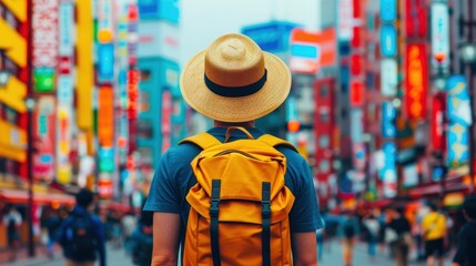 Obraz premium Traveler exploring vibrant city streets filled with colorful neon signs and bustling energy, perfect for adventure themes.